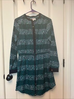 Michael Kors Teal and Navy Patterned Long-Sleeve Shirt Dress